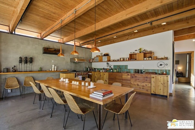 dining room with wooden ceiling, track lighting, and beamed ceiling