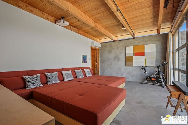 bedroom with wood ceiling, beamed ceiling, and concrete flooring