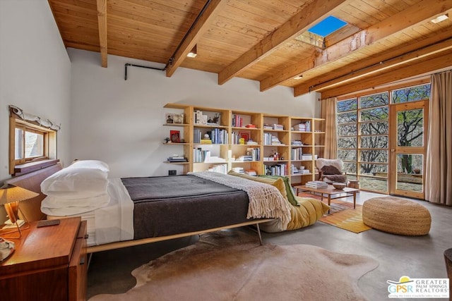 bedroom featuring beam ceiling, multiple windows, concrete floors, and wooden ceiling