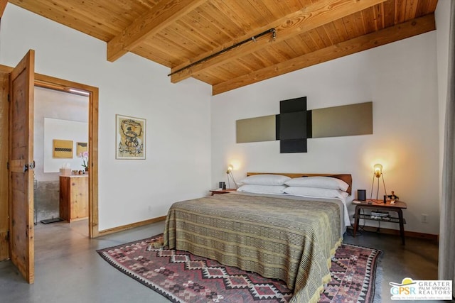 bedroom featuring concrete floors, wood ceiling, and beam ceiling