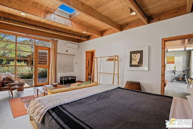 bedroom with a skylight, beamed ceiling, concrete floors, a wall mounted AC, and wooden ceiling