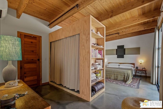 bedroom featuring wooden ceiling, beam ceiling, and a wall mounted AC