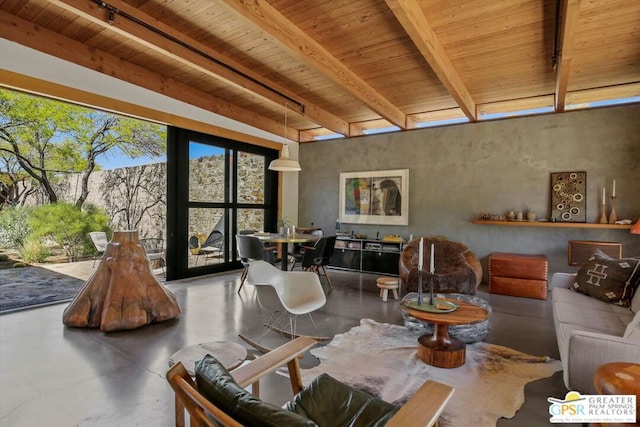 living room with wood ceiling and beamed ceiling