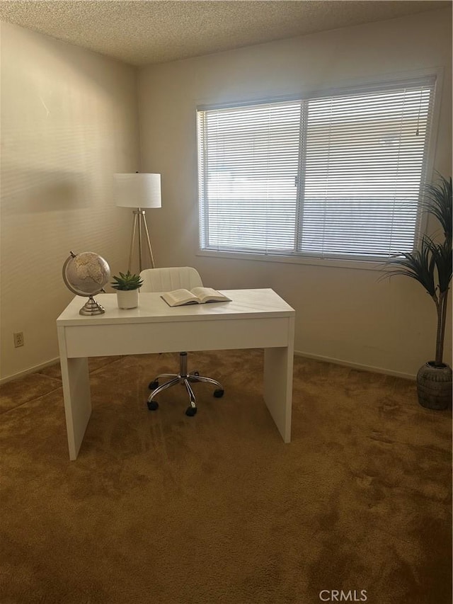 office area featuring carpet floors, baseboards, and a textured ceiling