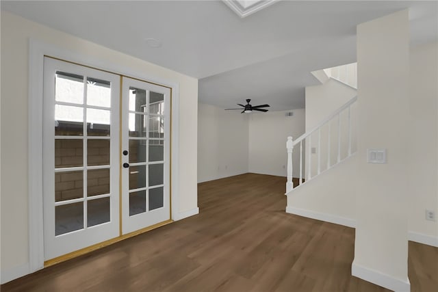 interior space featuring french doors, dark hardwood / wood-style flooring, and ceiling fan