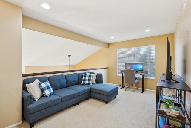 living room with carpet flooring and vaulted ceiling with beams