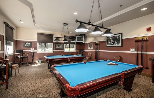 recreation room featuring crown molding, billiards, and a raised ceiling