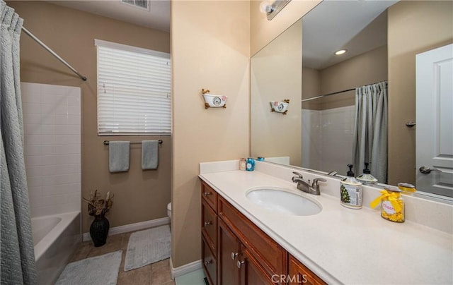 full bathroom featuring hardwood / wood-style flooring, vanity, toilet, and shower / bath combo