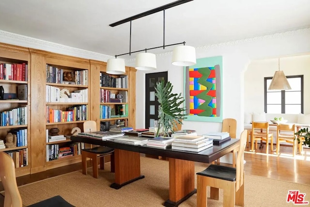 carpeted office featuring ornamental molding