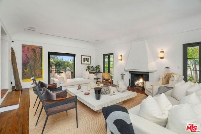 living room with hardwood / wood-style floors and a fireplace