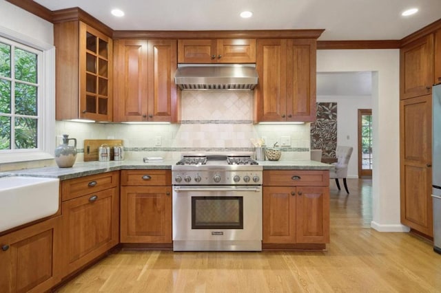 kitchen featuring light hardwood / wood-style floors, light stone counters, range hood, and high end stainless steel range