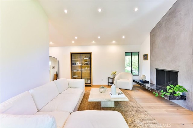 living room featuring light hardwood / wood-style floors and a fireplace