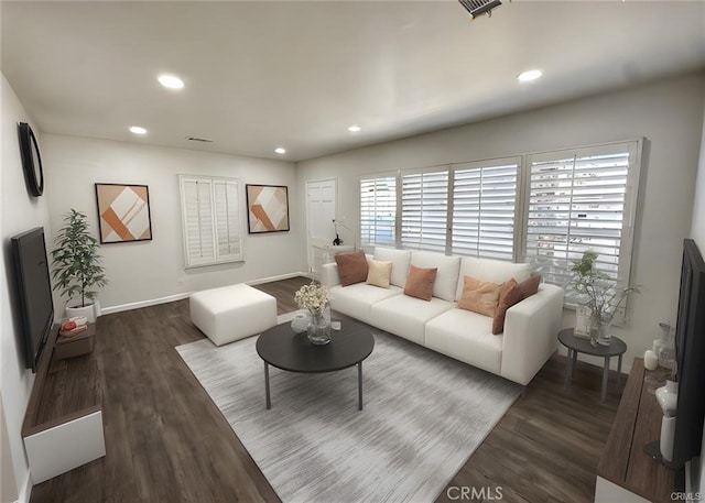 living room featuring dark wood-type flooring