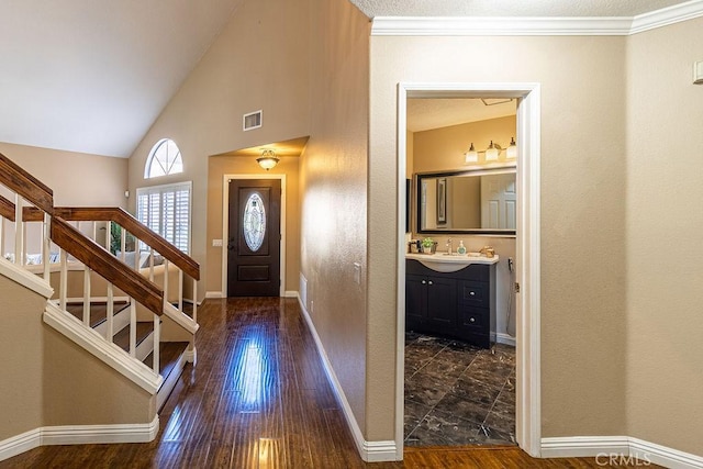 entryway featuring ornamental molding, vaulted ceiling, dark hardwood / wood-style flooring, and sink