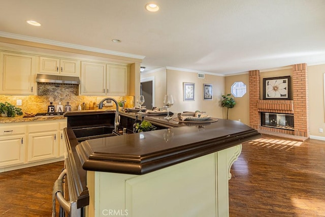 kitchen featuring dark wood-type flooring, decorative backsplash, a brick fireplace, crown molding, and sink