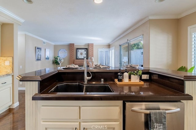 kitchen with ornamental molding, dark wood-type flooring, sink, white cabinetry, and stainless steel dishwasher