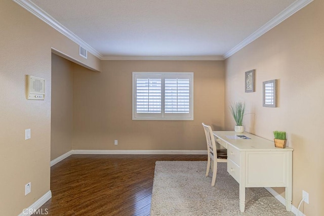 office featuring crown molding and dark hardwood / wood-style floors