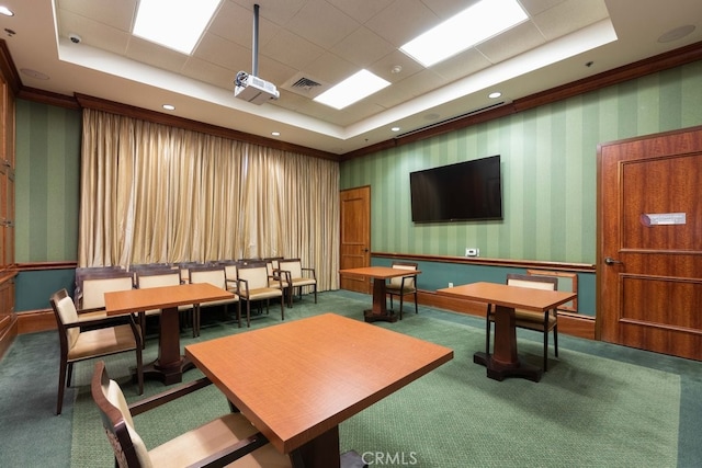 playroom featuring carpet flooring and a tray ceiling