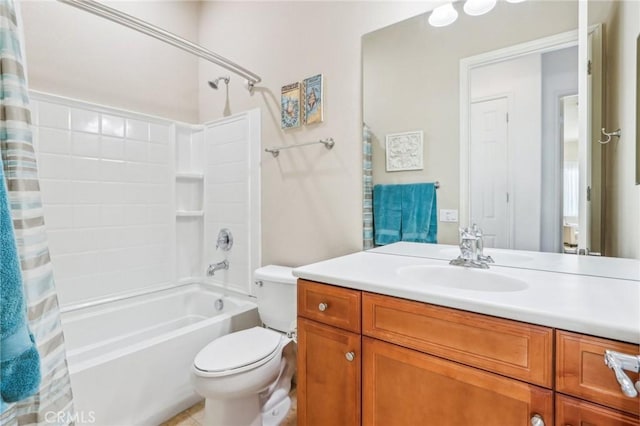 full bathroom with toilet, vanity, and shower / bathtub combination with curtain