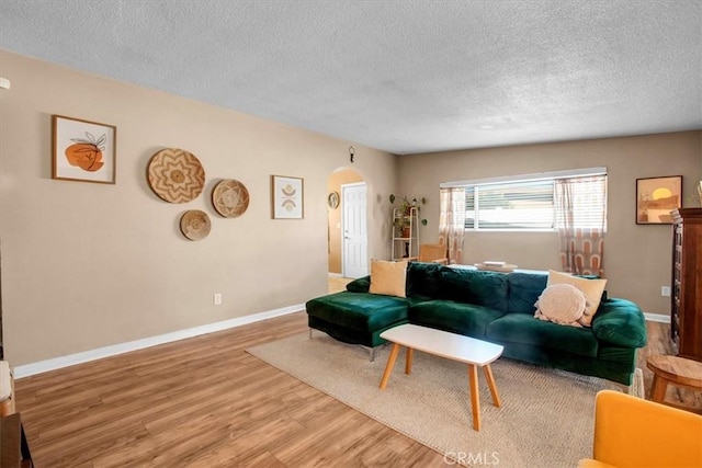 living room with a textured ceiling and hardwood / wood-style floors