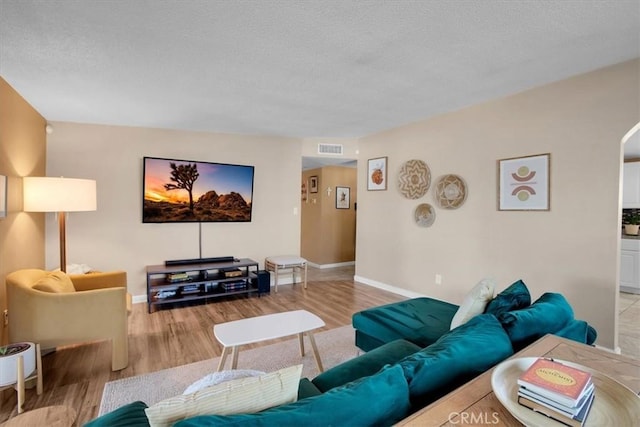 living room with a textured ceiling and light hardwood / wood-style flooring