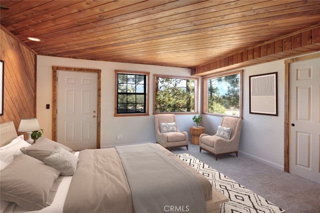 unfurnished bedroom featuring wooden ceiling, wood walls, and carpet flooring