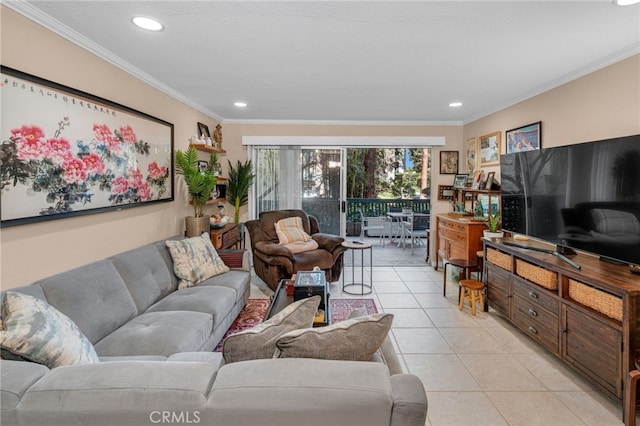 tiled living room with ornamental molding