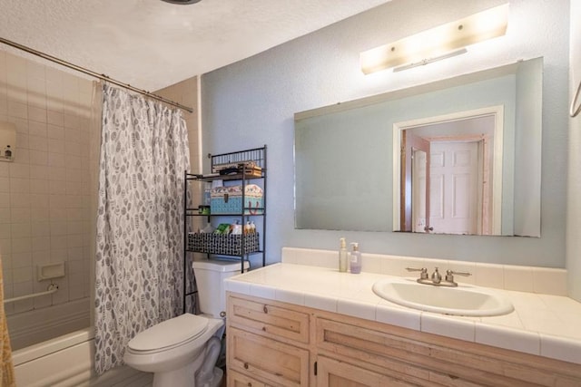 full bathroom with toilet, shower / tub combo, and vanity