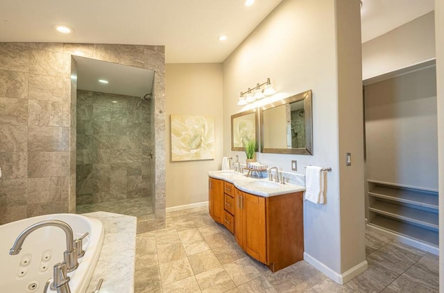 bathroom featuring lofted ceiling, vanity, and separate shower and tub