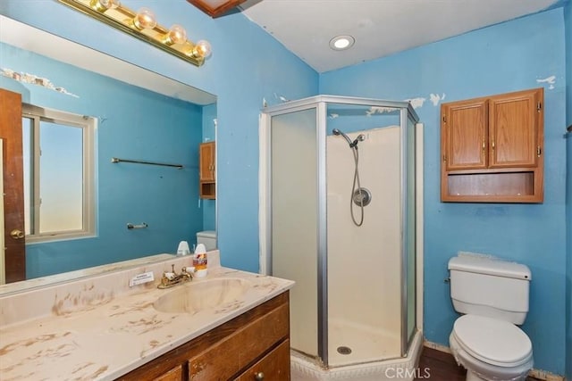 bathroom with vanity, toilet, and walk in shower