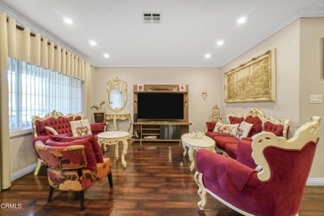 living room with dark hardwood / wood-style flooring