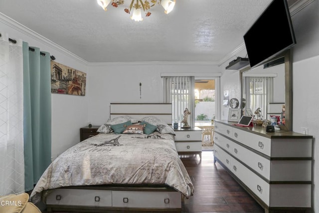 bedroom featuring a textured ceiling, ornamental molding, and dark hardwood / wood-style floors