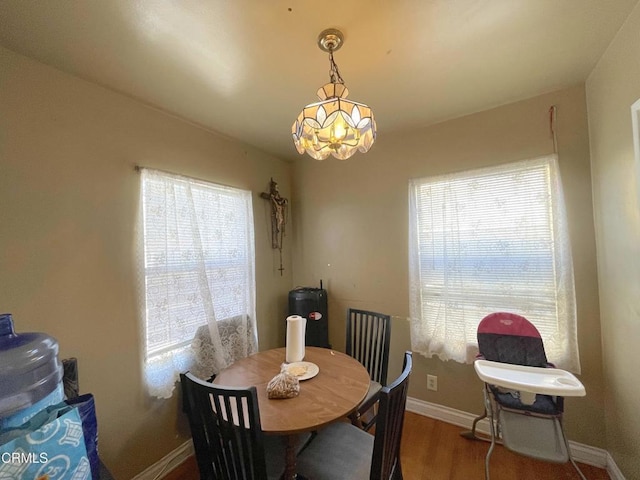 dining room featuring dark hardwood / wood-style floors and a notable chandelier