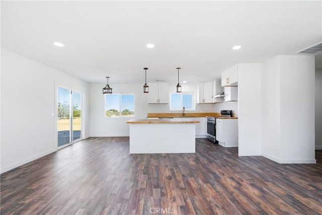 kitchen featuring dark wood-type flooring, stainless steel range with electric stovetop, a center island, and a sink