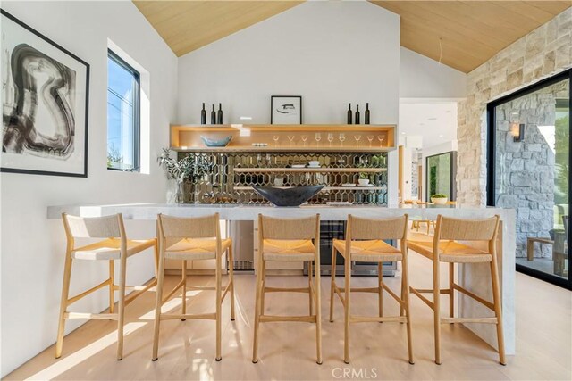 bar featuring high vaulted ceiling and wood ceiling