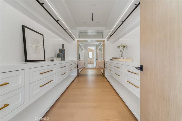 hall with a barn door and light hardwood / wood-style flooring