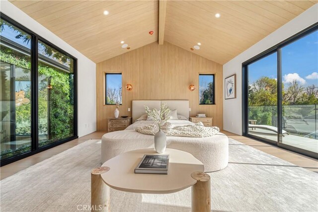 bedroom with access to exterior, wood walls, wood ceiling, and vaulted ceiling with beams