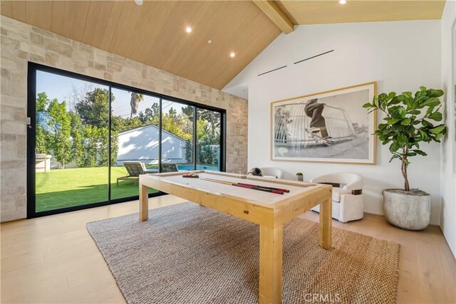 recreation room with wood ceiling, vaulted ceiling with beams, and billiards