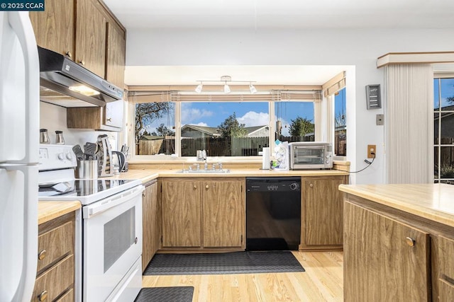 kitchen with sink, white appliances, and light hardwood / wood-style floors