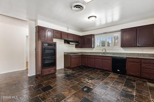 kitchen with light stone counters, dark brown cabinetry, black appliances, and sink