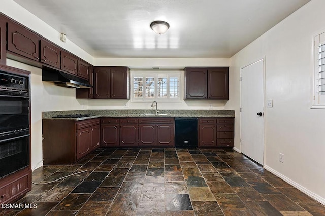 kitchen featuring dark stone countertops, black appliances, dark brown cabinets, and sink