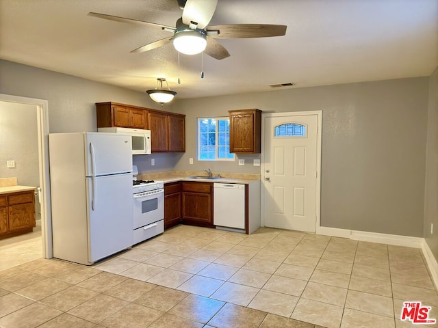 kitchen featuring ceiling fan, sink, white appliances, and light tile patterned floors