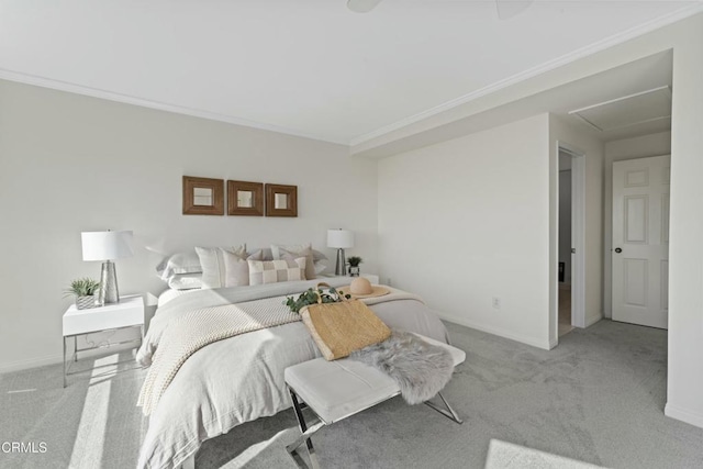 bedroom with crown molding and light colored carpet