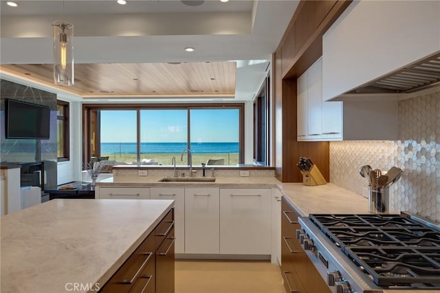 kitchen featuring white cabinets, backsplash, a raised ceiling, and a sink