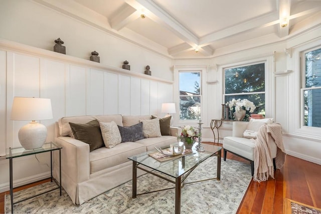 living room featuring coffered ceiling, hardwood / wood-style flooring, and beam ceiling