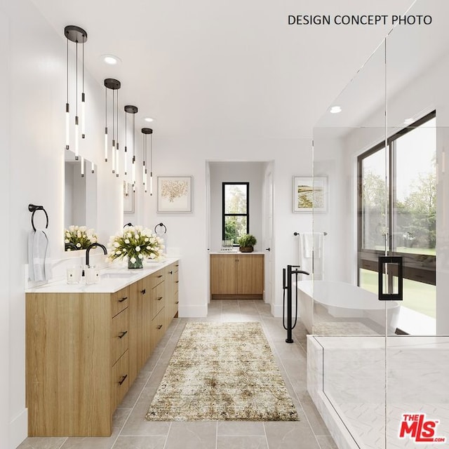 bathroom featuring a washtub, tile patterned flooring, and vanity