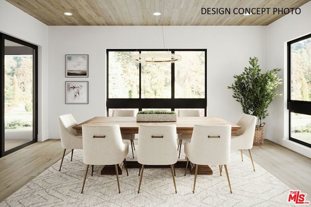 dining room featuring light hardwood / wood-style floors, wooden ceiling, and a chandelier