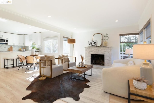 living room with crown molding and light wood-type flooring