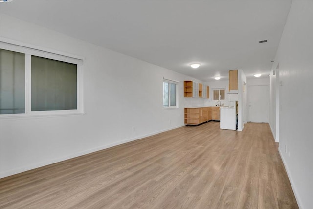 unfurnished living room featuring sink and light hardwood / wood-style flooring