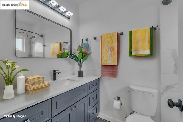 bathroom featuring a shower, vanity, and toilet